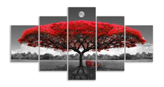 Canvas Wall Art Red Tree Wall Art with Moon Black and White Landscape Pictures for Wall Decor Large Pictures for Living Room 5 Pieces - 12x16inchx2pcs