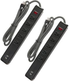Bosonshop Power Strip 2PCS Surge Protector 5-Outlet with 2 USB Ports(5V/2.4A);  6ft Heavy-Duty Braided Extension Cords - KM3730
