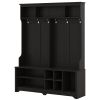 Modern Hallway Hall Tree with Metal Hooks and Storage Space, Multi-Functional Entryway Coat Rack with Shoe Cubbies - Black