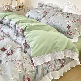 Washed Cotton Small Floral Quilt Cover, Four Piece Bed Sheet Set (Option: Hibiscus-1.5m fitted sheet 4pcs set)